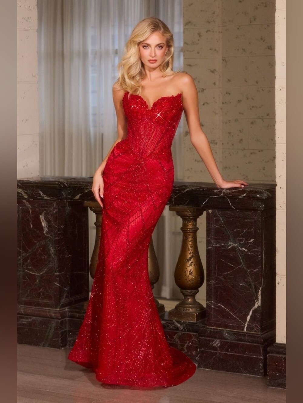 Strapless Red Sequin Beaded Prom Gown By Ladivine J888